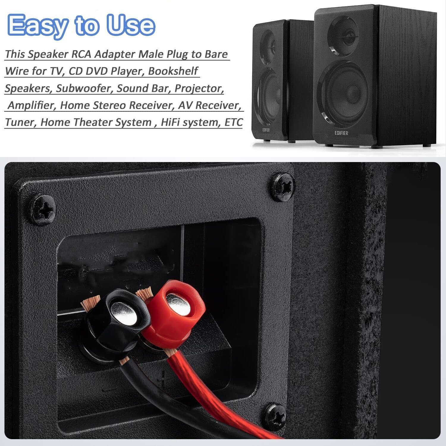 ukiism 2 Pack Speaker Bare Wire Cables to RCA Plugs Adapter 2 Pack-1FT, Black