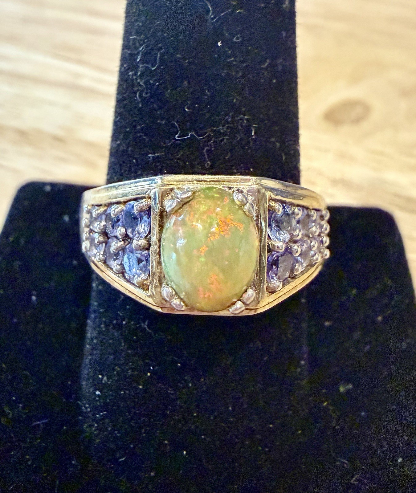 Men’s Fire Opal Ring. With Amethyst Stone On Shoulders. Set In Sterling Silver.
