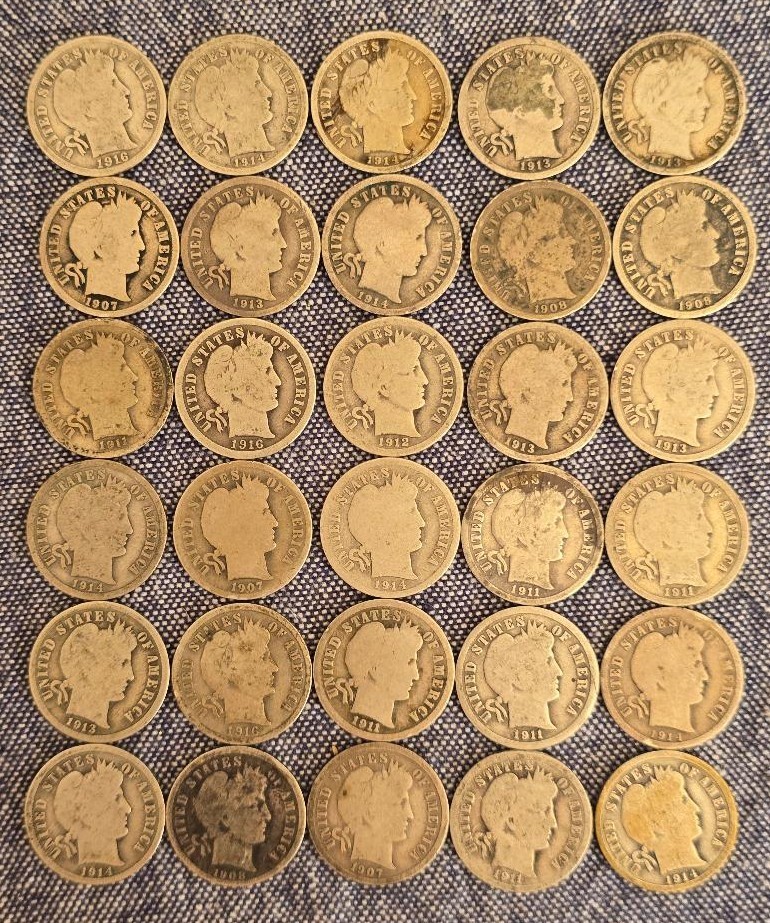 Barber Silver Dime 10C - - Lot of 30  - - full dates, rims, details Lot213