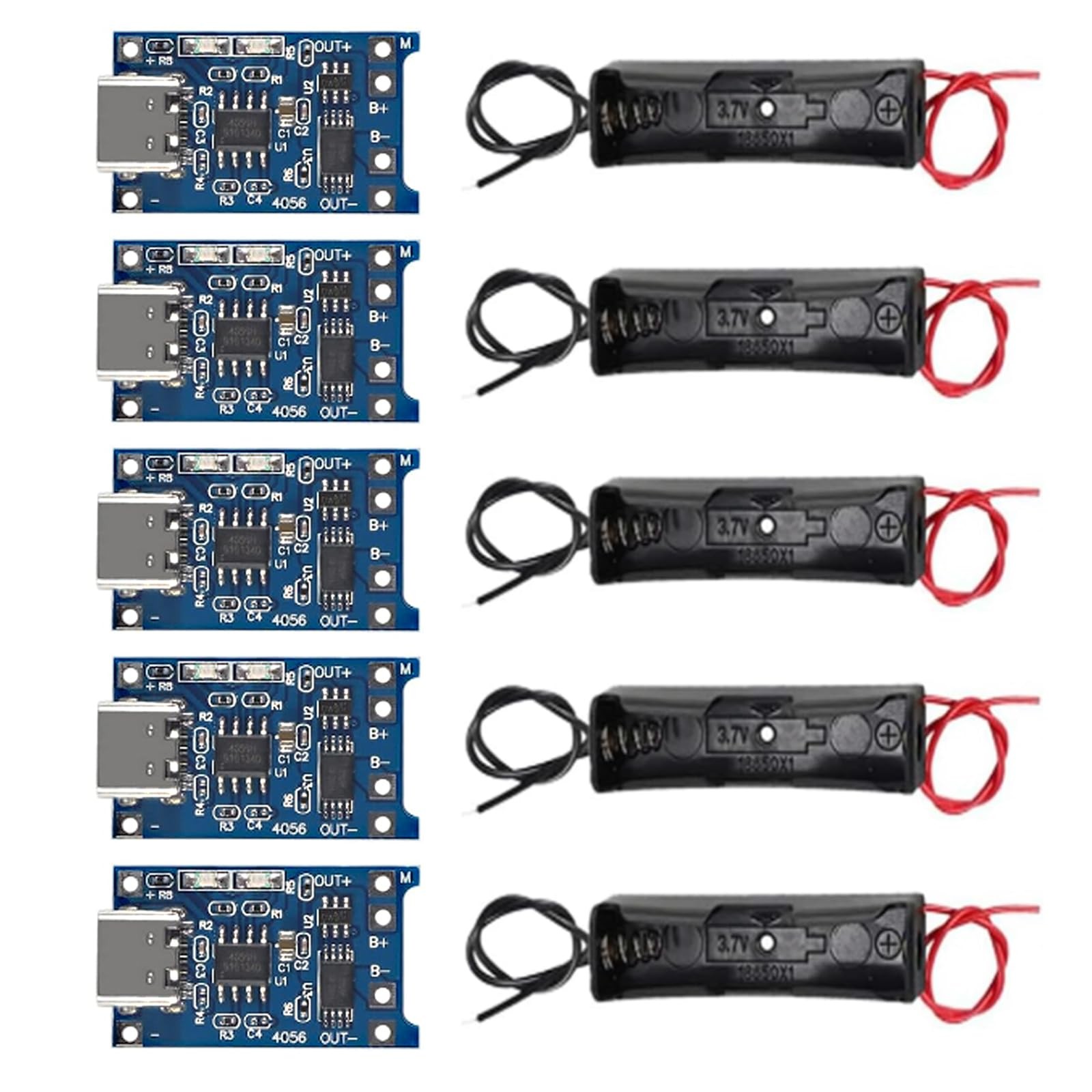 5pcs TP4056 Type-C 1A USB Lithium Charger Modules + 5x 18650 Battery Holders Set