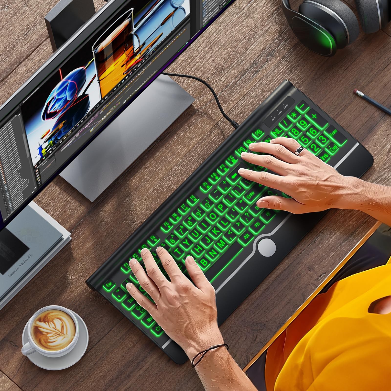 Computer Wired Keyboard, Large Print Backlit Keyboard with Wrist Rest, 7-Colors