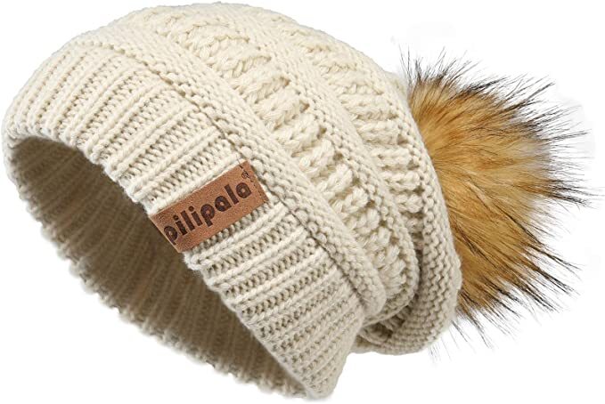 Pilipala Womens Winter Knit Beanie Hat Slouchy Warm Pom Pom Hat Faux Fur Cap NWT