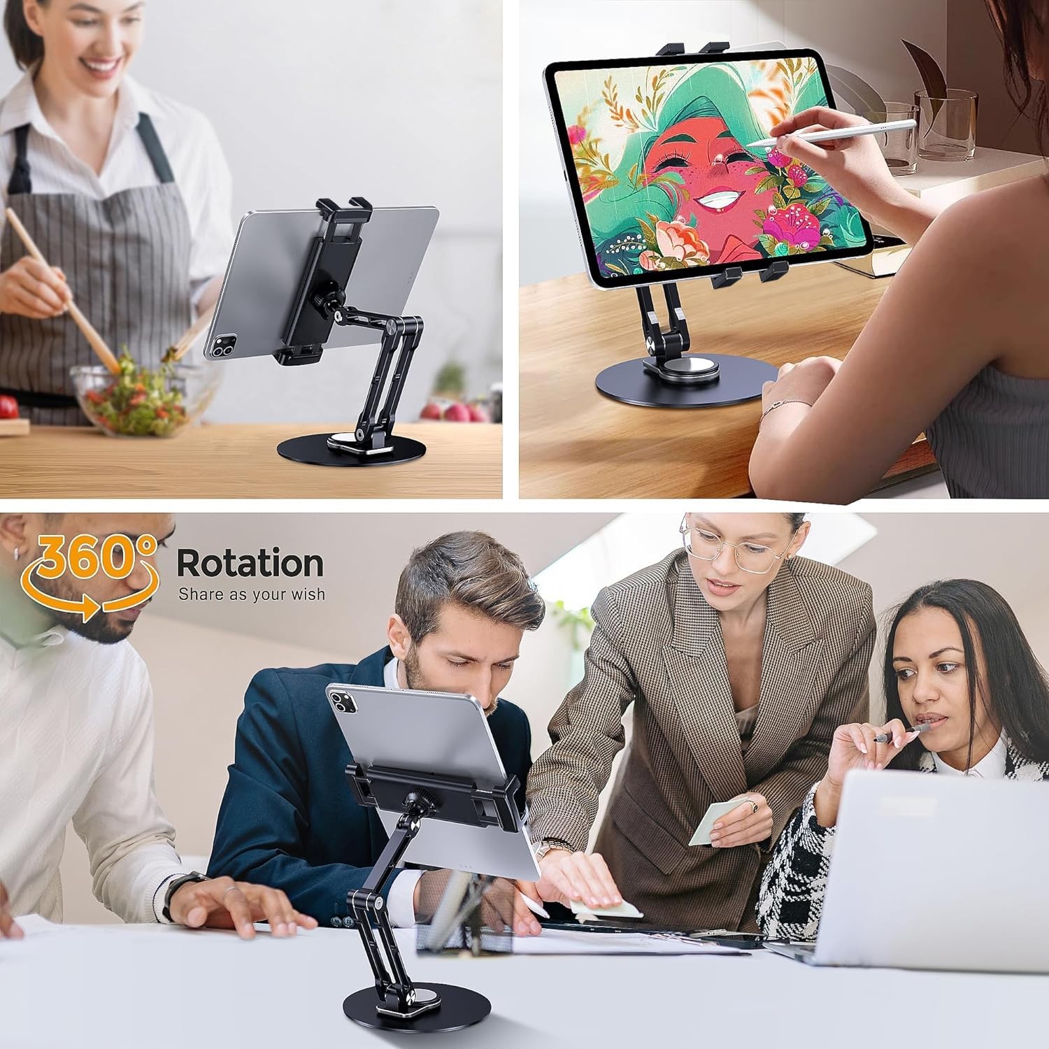 Bimo 360° Rotatable Aluminum Tablet Stand, Foldable Multi-Angle Desk Black