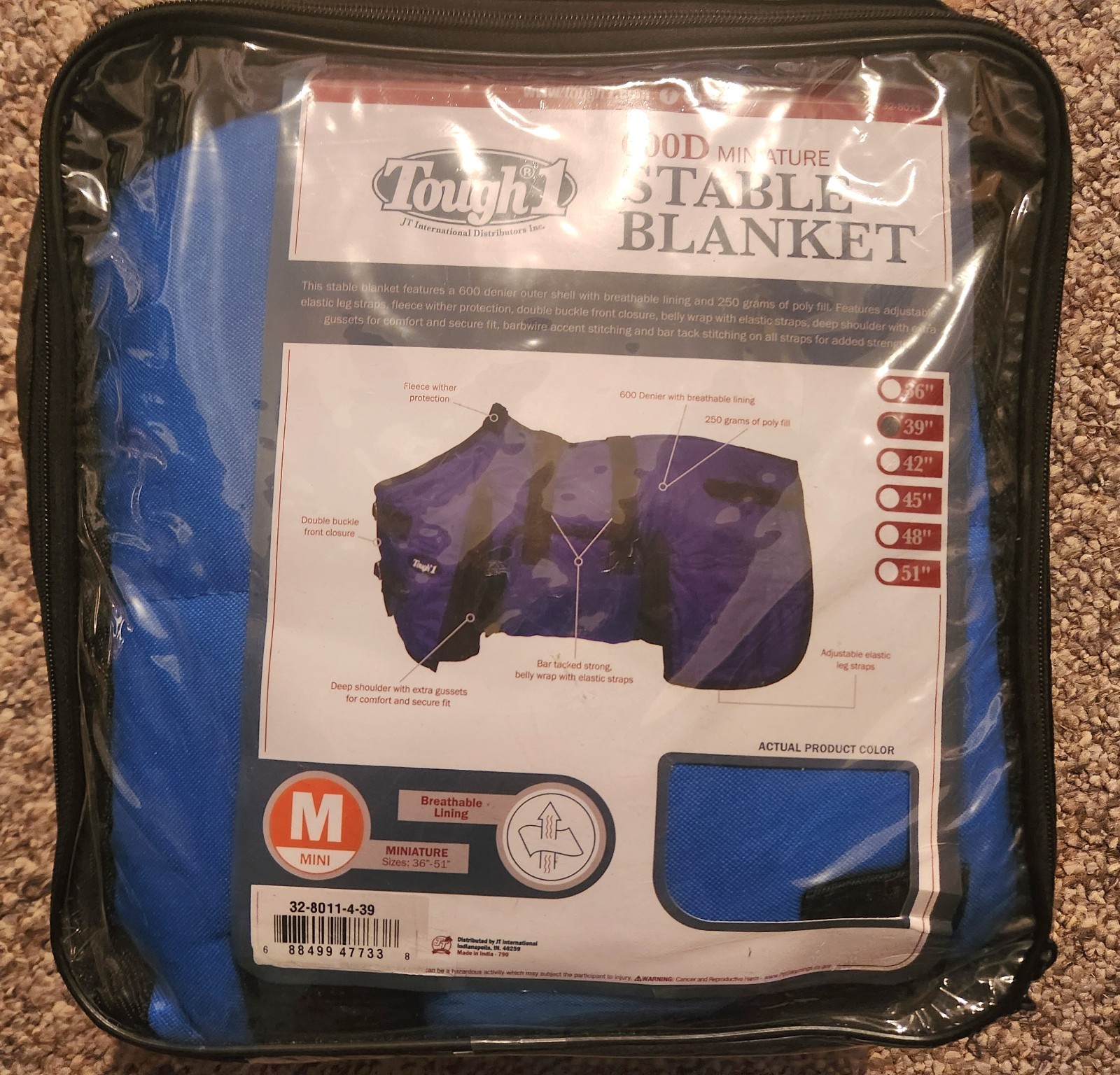 Tough-1 Blanket Turnout 600D Waterproof Poly Miniature 39" Royal Blue