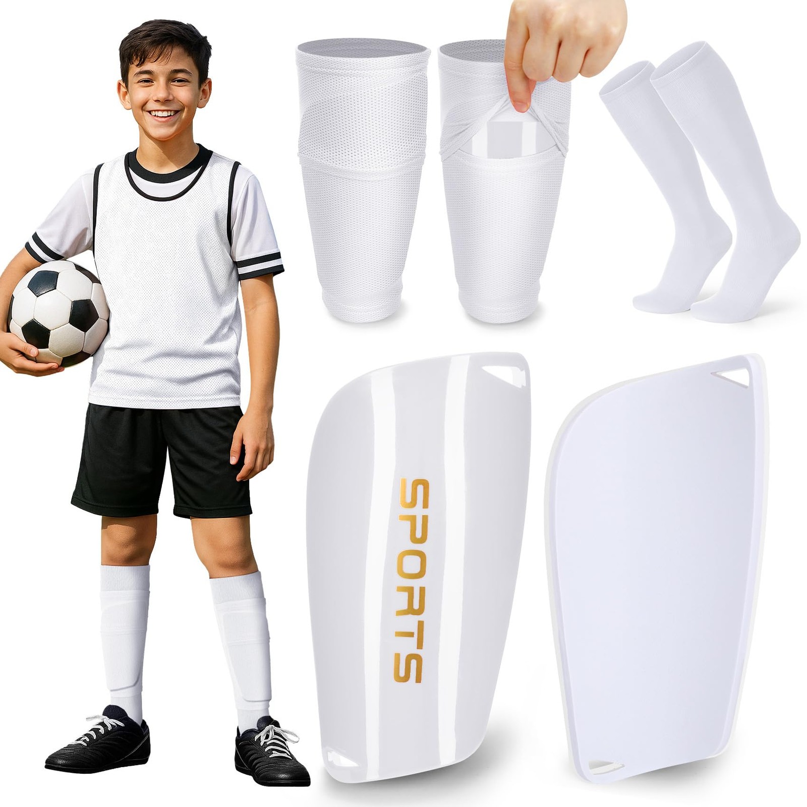 Soccer Shin Guards Set with Sleeves and Socks for Kids and Adults, White
