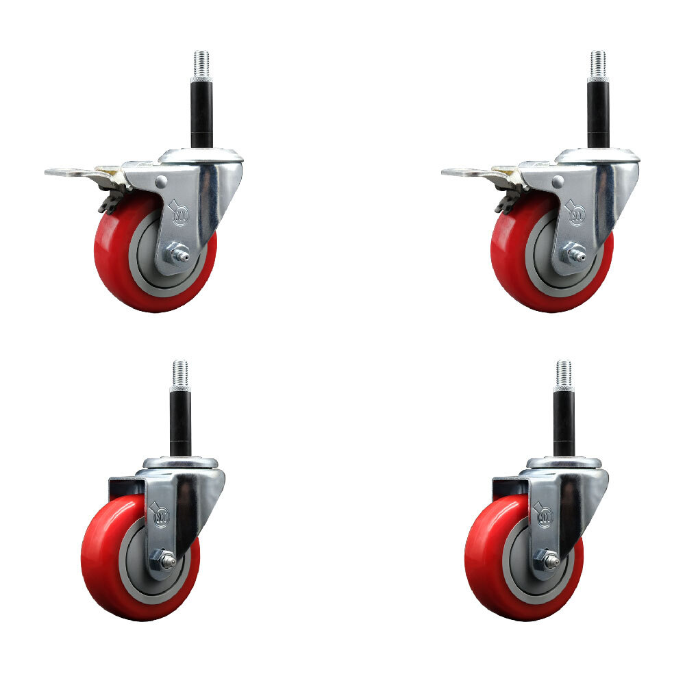 3.5 Inch Red Poly Swivel 3/4 Inch Expanding Stem Caster Set 2 Total Lock Brakes