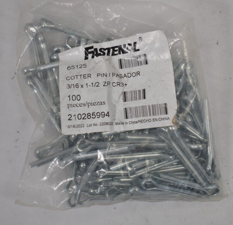 Lot of 100 Fastenal Cotter Pins Zinc Finish Extended Prong 3/16" x 1-1/2" 65125