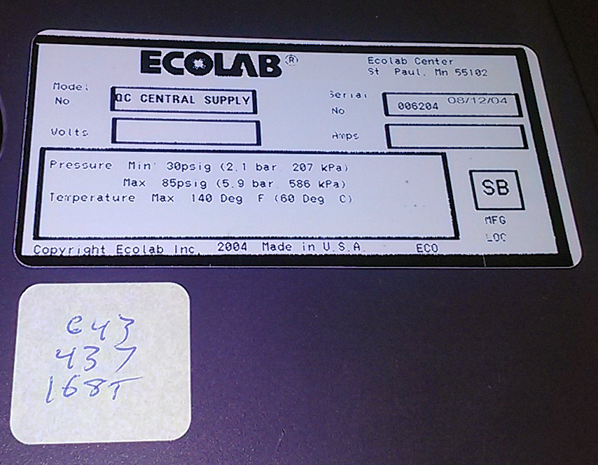 ECOLAB ULTRA CONCENTRATE DISPENSING SYSTEM QC CENTRAL SUPPLY, 9202-2028 QC C0VID