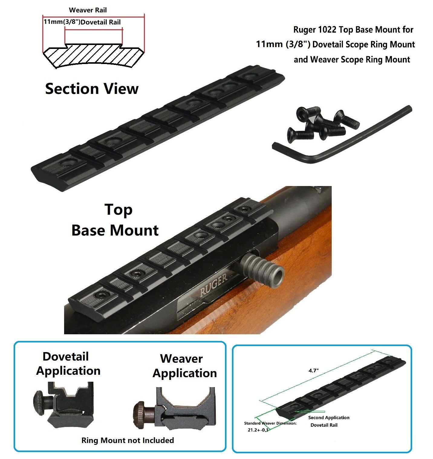 6061 Anodized Black Ruger 10/22 10 22 Scope Rail Mount Weaver 11mm(3/8) Dovetail