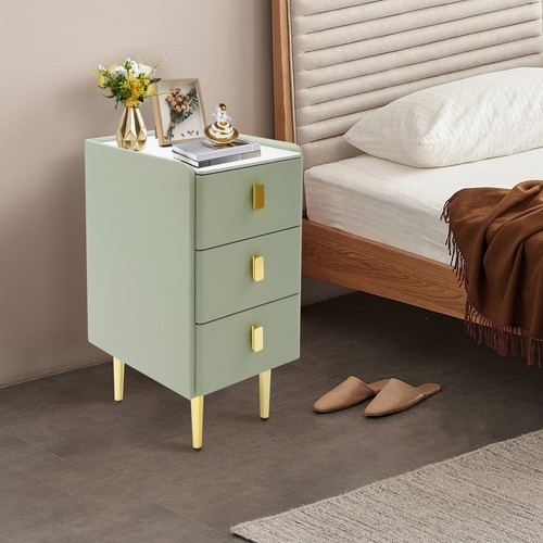 Bedside Table - Narrow 3-Drawer Nightstand, Rock Slab & Leather, Green/Gold~