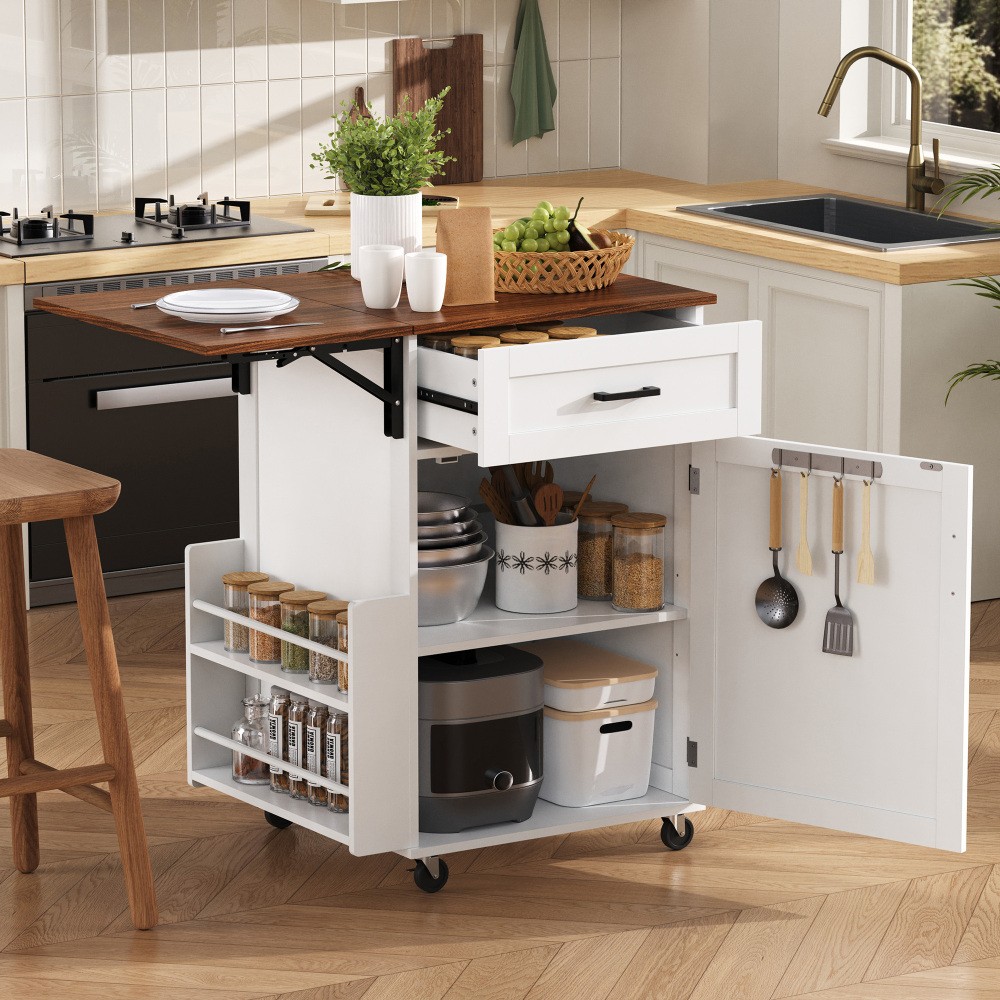 39.3" Farmhouse Kitchen Island with Drop Leaf, Kitchen Storage Island