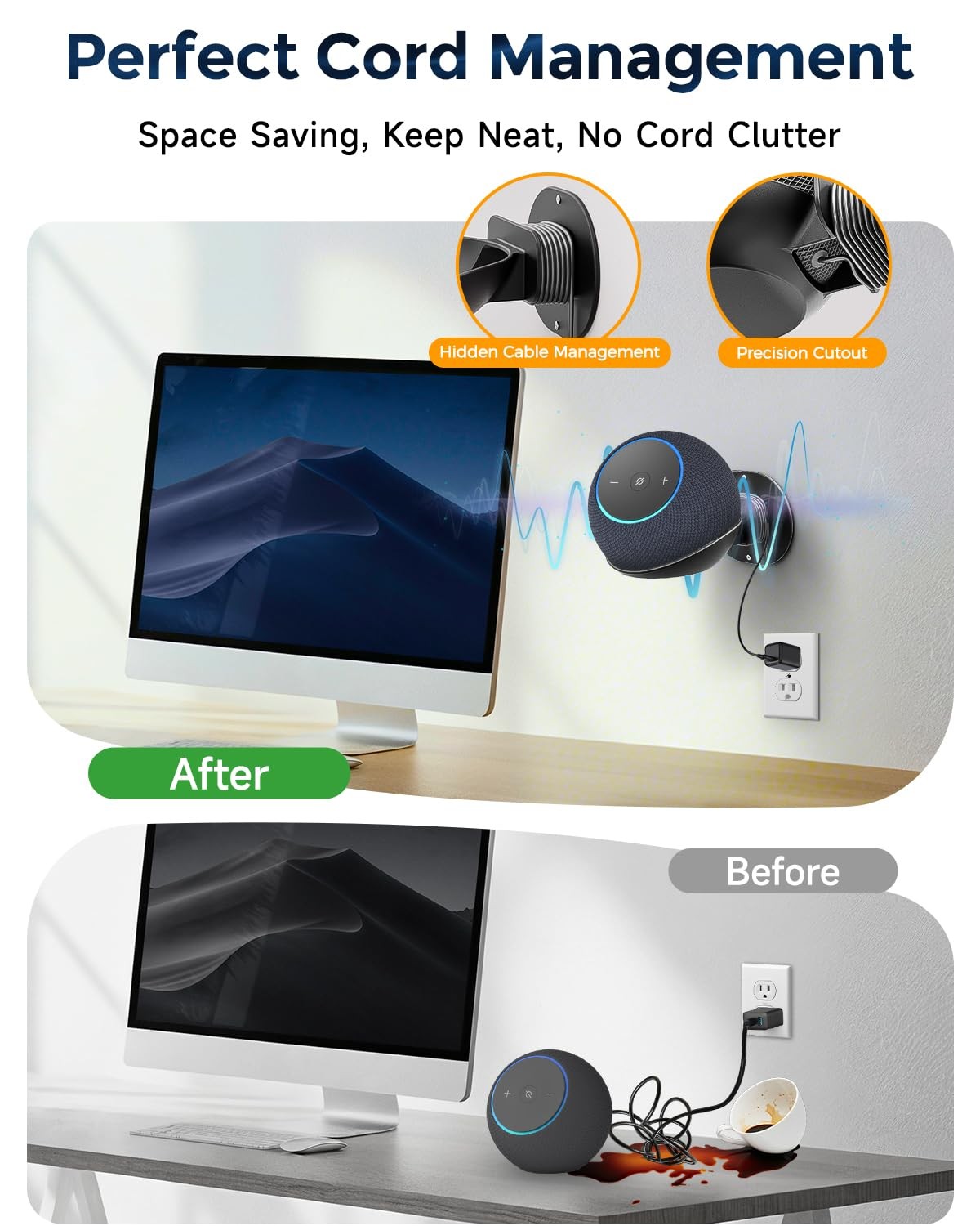 Universal Wall Mount Shelf for Echo Dot HomePod Mini Cable Management Black