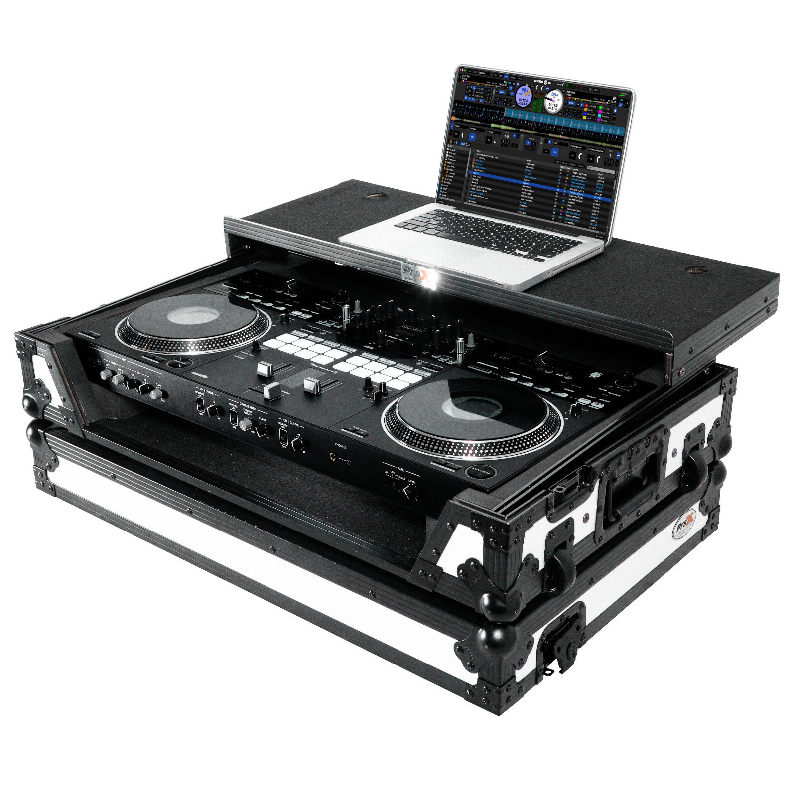 Prox Road White Case Laptop Shelf - Wheels for Pioneer DDJ-REV7 DJ Controller