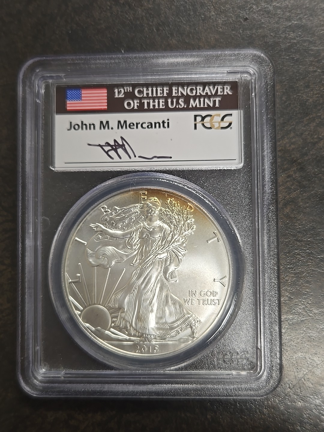 2015 W BURNISHED WASHINGTON DC SILVER EAGLE PCGS SP70 JOHN MERCANTI SIGNED FLAG