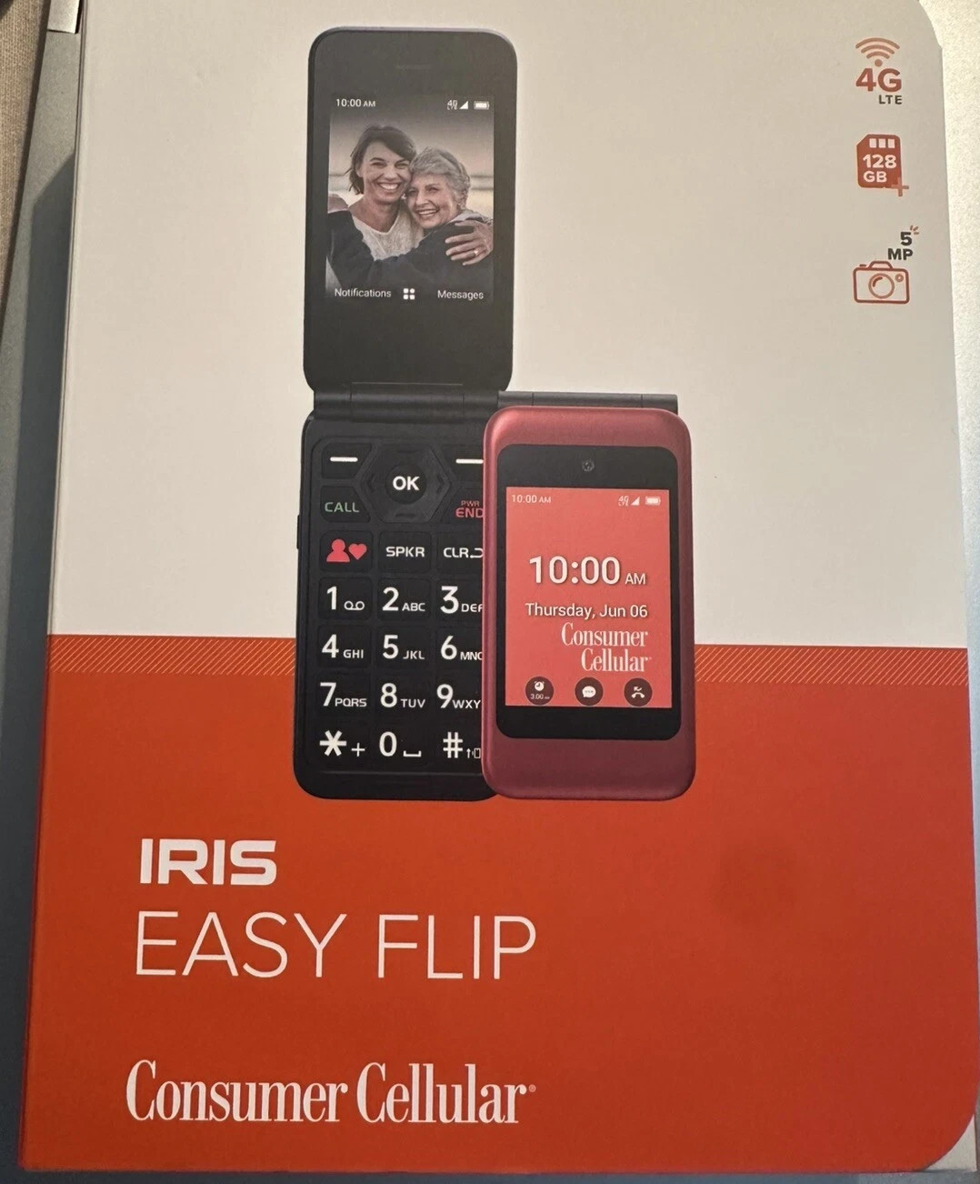 Consumer Cellular Iris Easy Flip Prepaid Flip Phone 2.8" 8GB Red Brand New