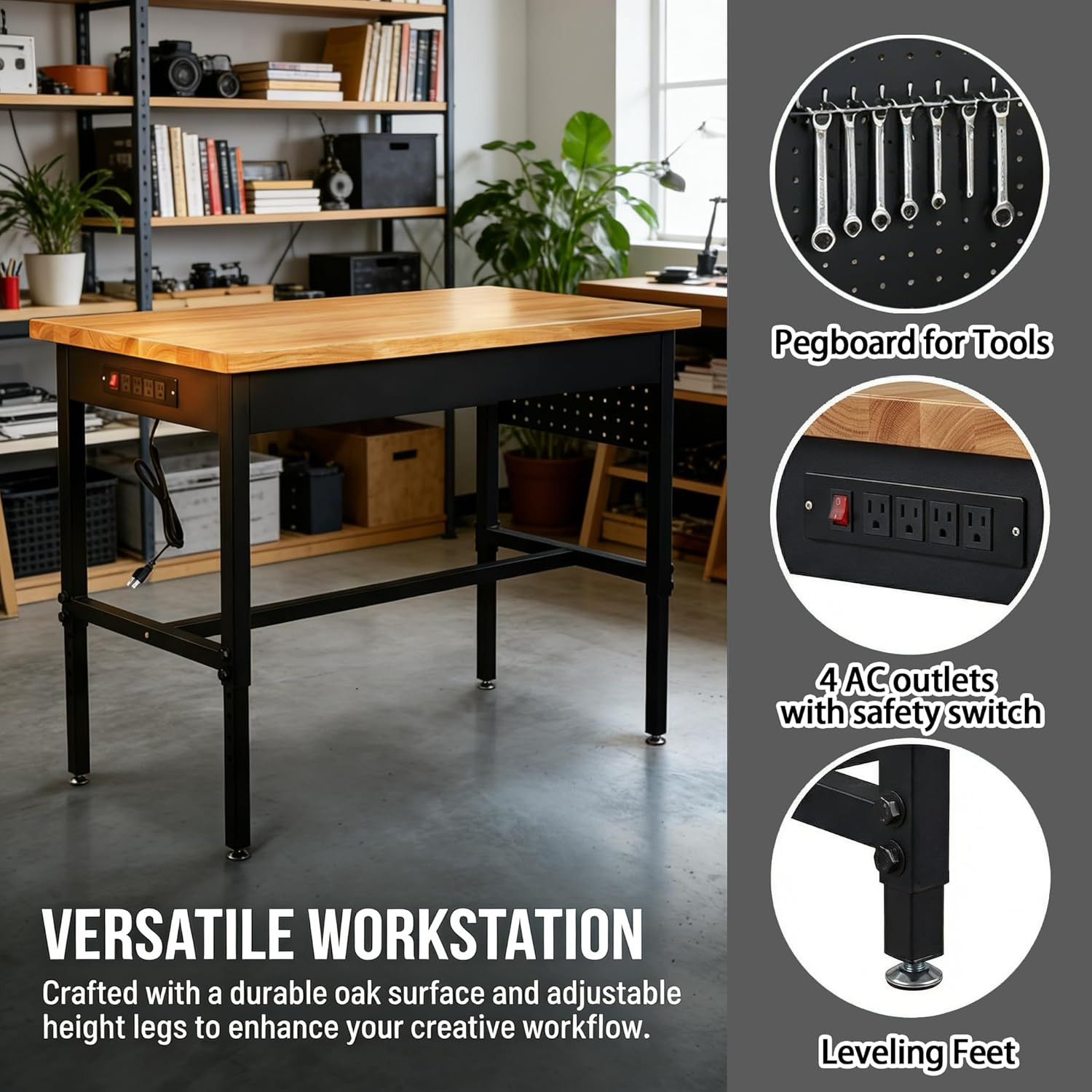 60"x24" Adjustable Workbench, Power Outlets, 6 Height Levels, Solid Hardwood Top