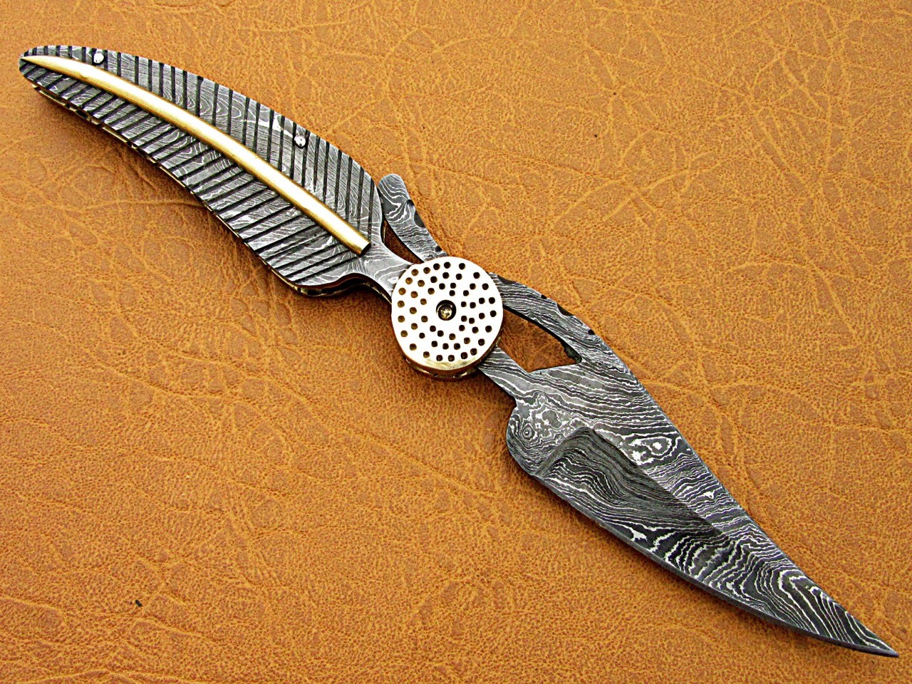 Damascus folding knife in exotic leaf shape engraved Damascus, Leather sheath