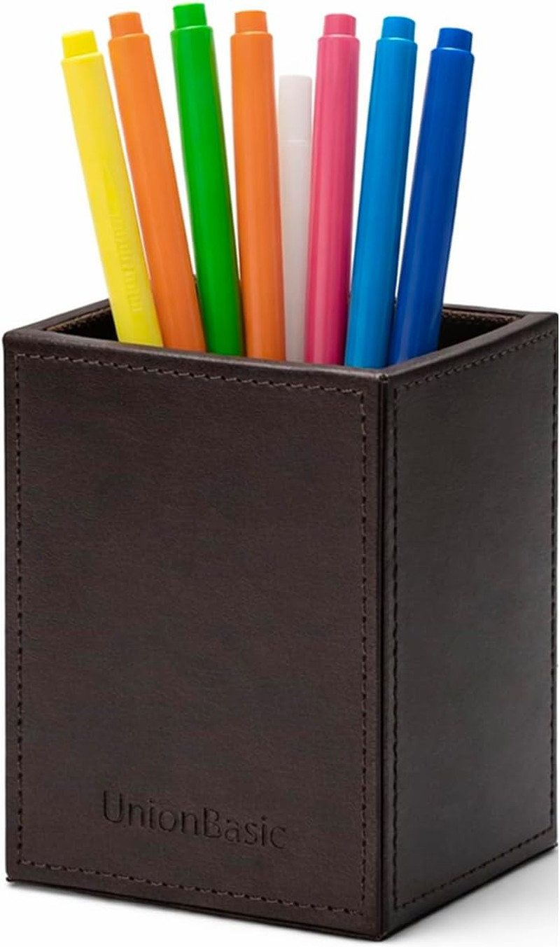 Square Pen Holder Leather Pencil Cup Desktop Caddy Stationery Organizer Black