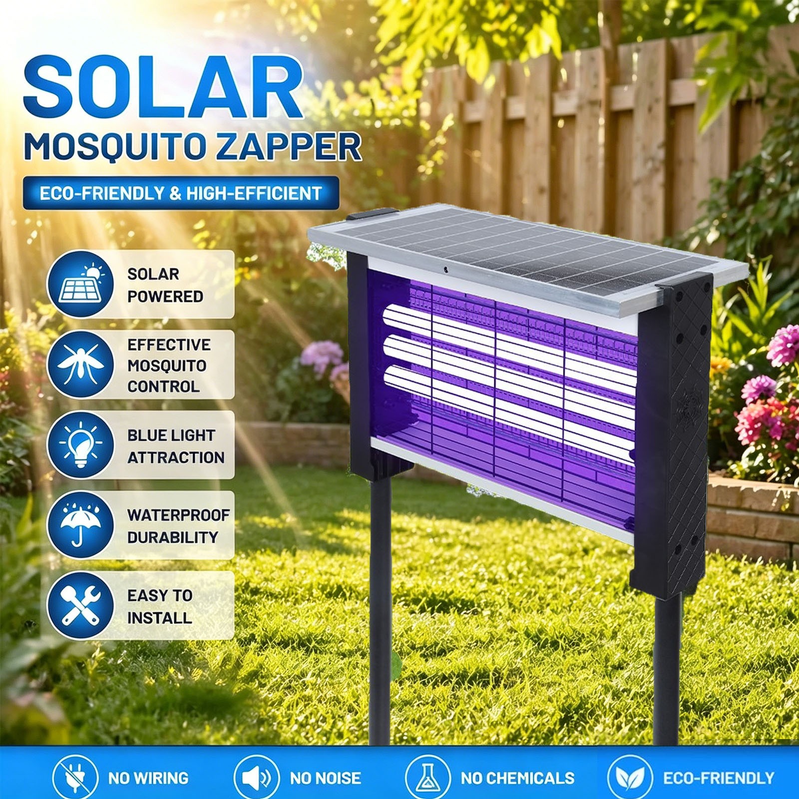 4500V Solar Bug Zapper Outdoor Mosquito Zapper Waterproof Rechargeable Fly Trap