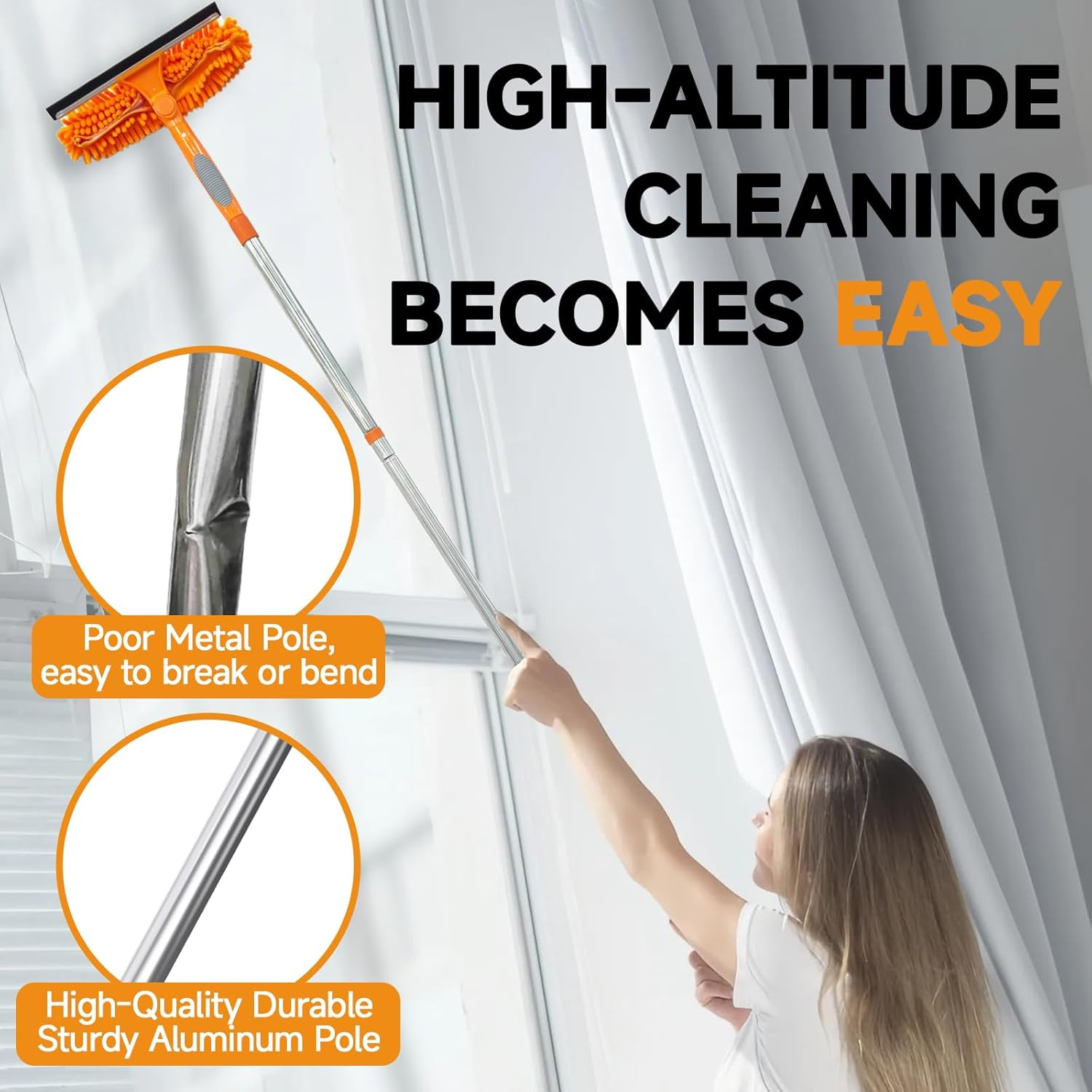 2 in 1 Window Squeegee Cleaner Kit Extension Pole, 67 In, Orange | Window