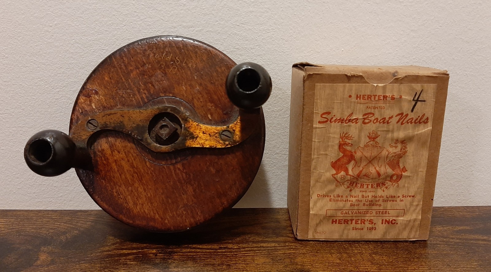 Early Antique Wood Brass Sidewinder Fishing Reel Trolling + Steel Boat Nails