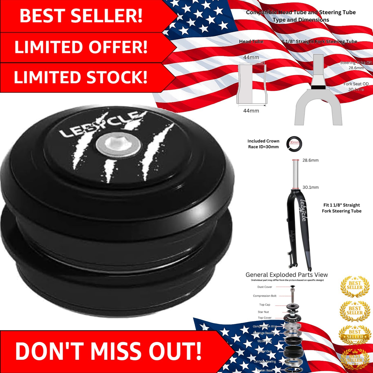 44mm ZS44 Zero Stack Bike Headset with Sealed Bearings - Durable & Lightweight