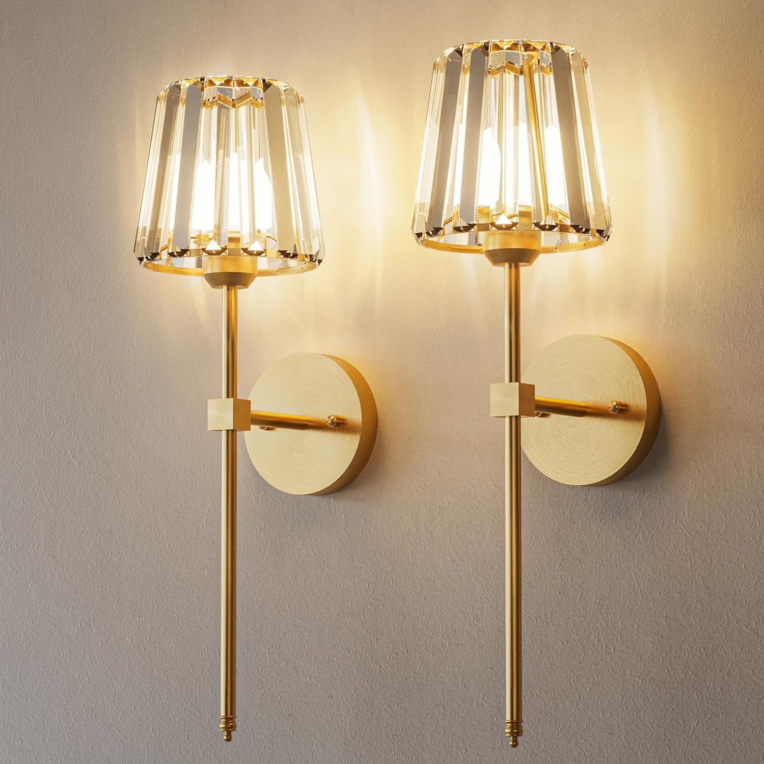 Gold Crystal Rechargeable Wall Sconces Set of 2 with Remote & RGB Dimming
