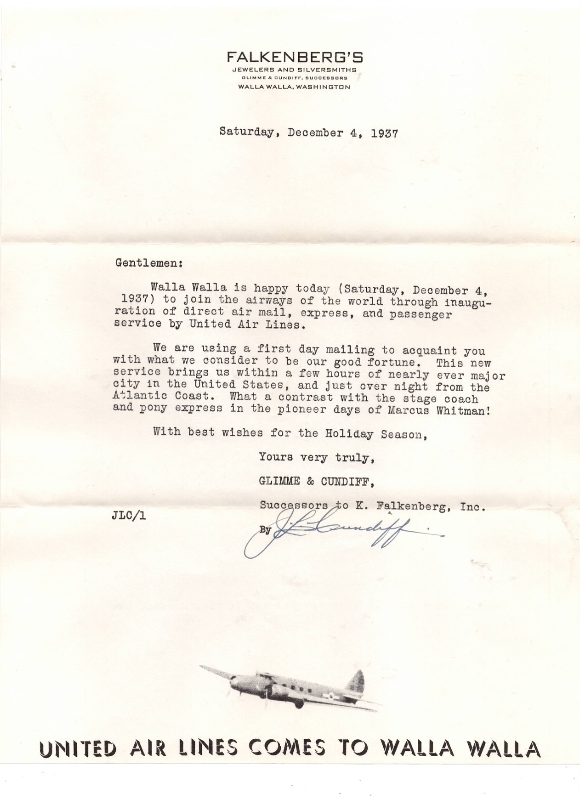1937 Aviation First Flight Cover & Letter Walla Walla WA Joins United Air Lines