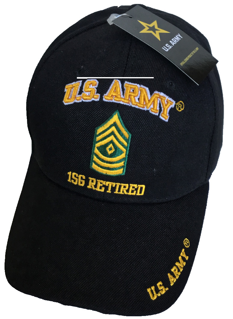 U.S. Army 1st Sergeant Retired (sm. lettering), E-8, US Army on bill, black hat
