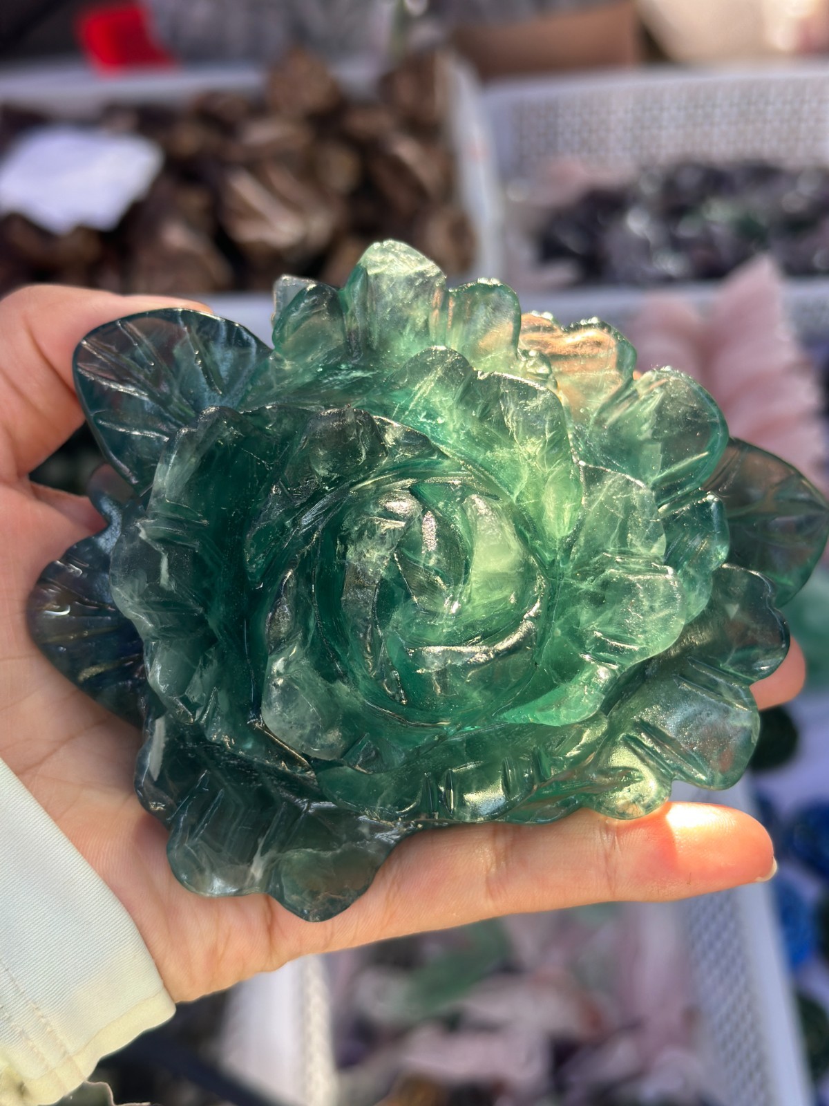 1pc Natural green fluorite Quartz Carved peony flower Crystal Reiki healing gift
