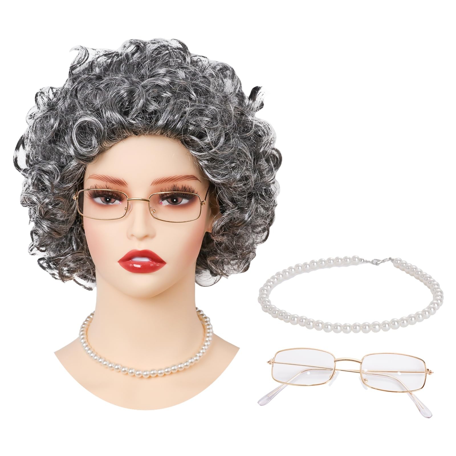 Fumwase Old Lady Wig Madea Granny Glasses Grandma Perfect for Gray