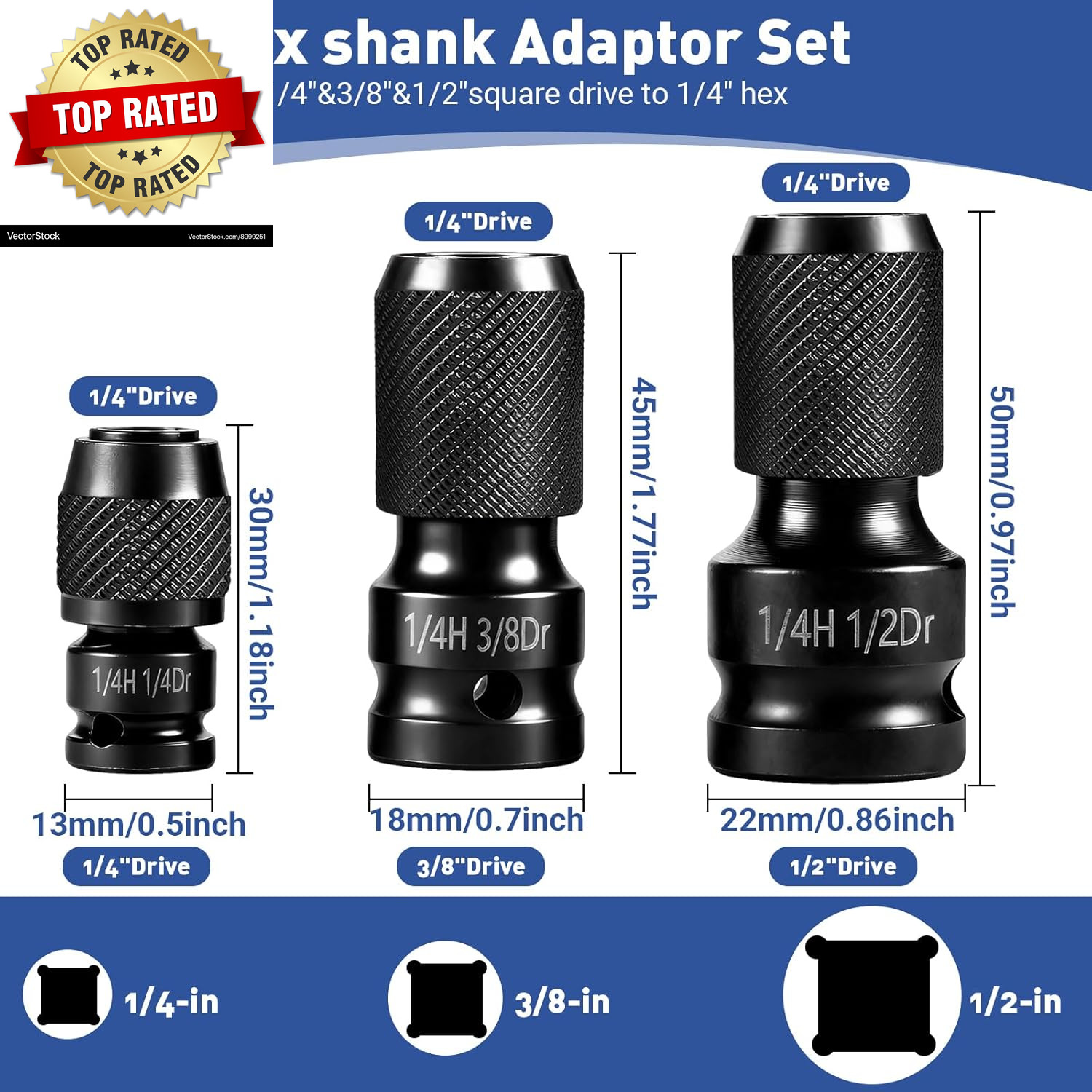 3-Piece Quick Release Impact Bit Holder Set, 1/2" 3/8" 1/4" Square Drive to 1/4"