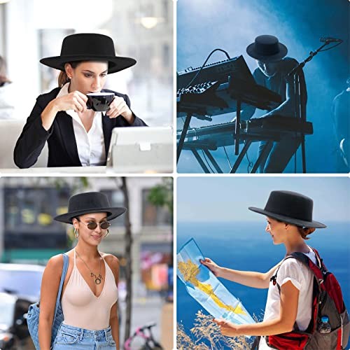 Fashion Classic Black Fedora Flat Hat, Wide Brim Jazz Hats Medium-Large Black 2