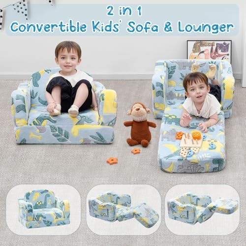 Comfy Toddler Chair and Couch for Kids with Blanket,2-in-1 Soft Plush Green