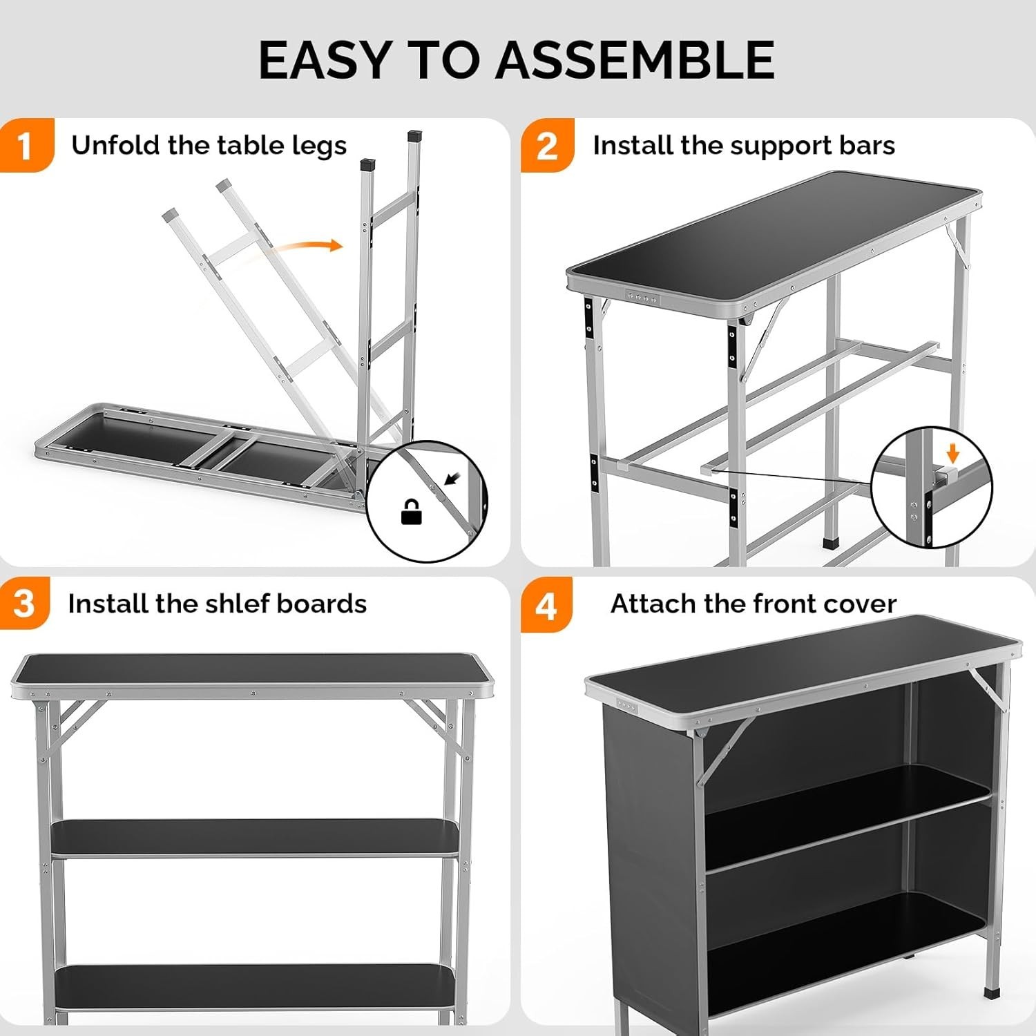 Camping Table Aluminum Portable Bar Table 39''L x 34''H 2-Tier Storage Shelves