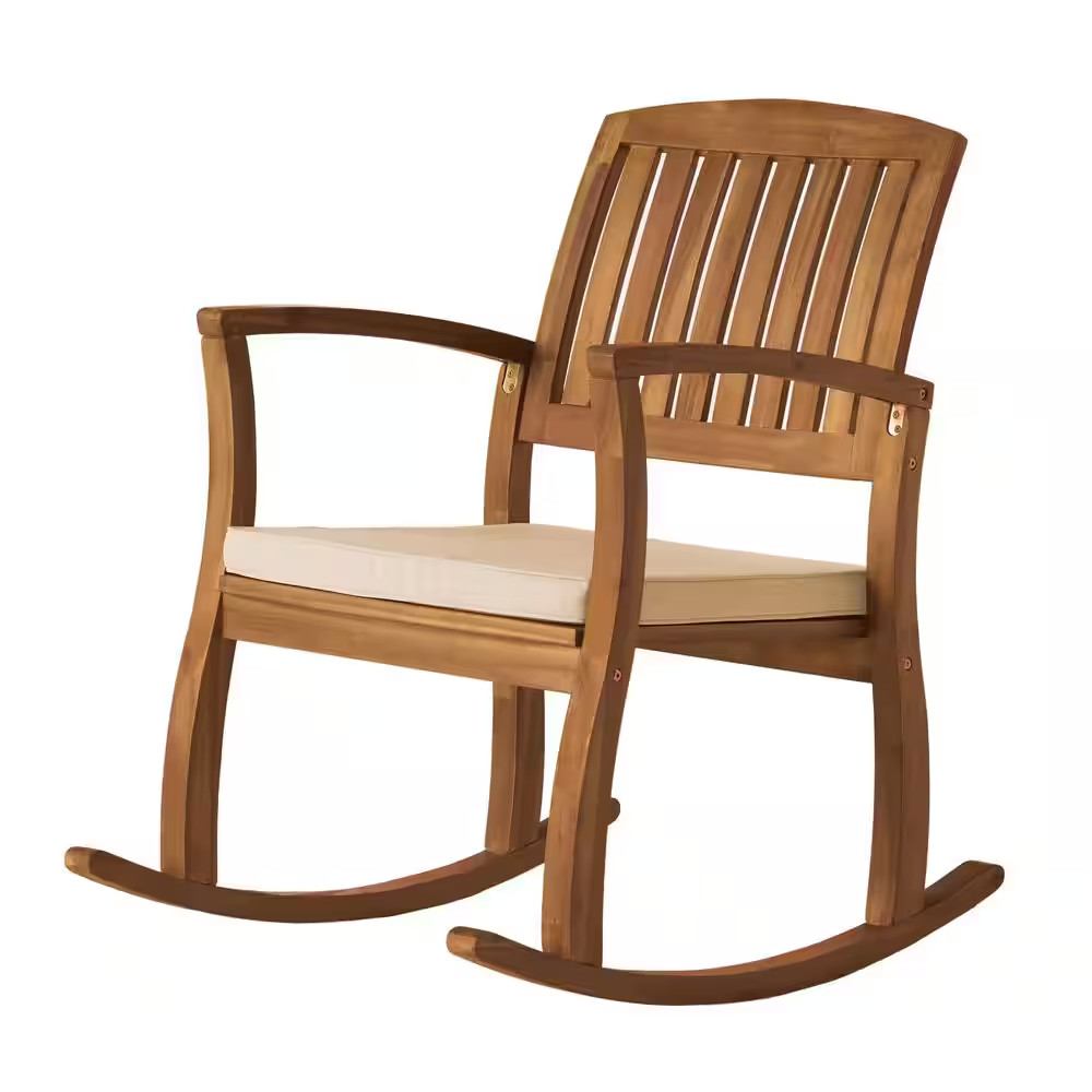 Brown Acacia Wood Outdoor Rocking Chair with Water-Resistant Cream Cushions and