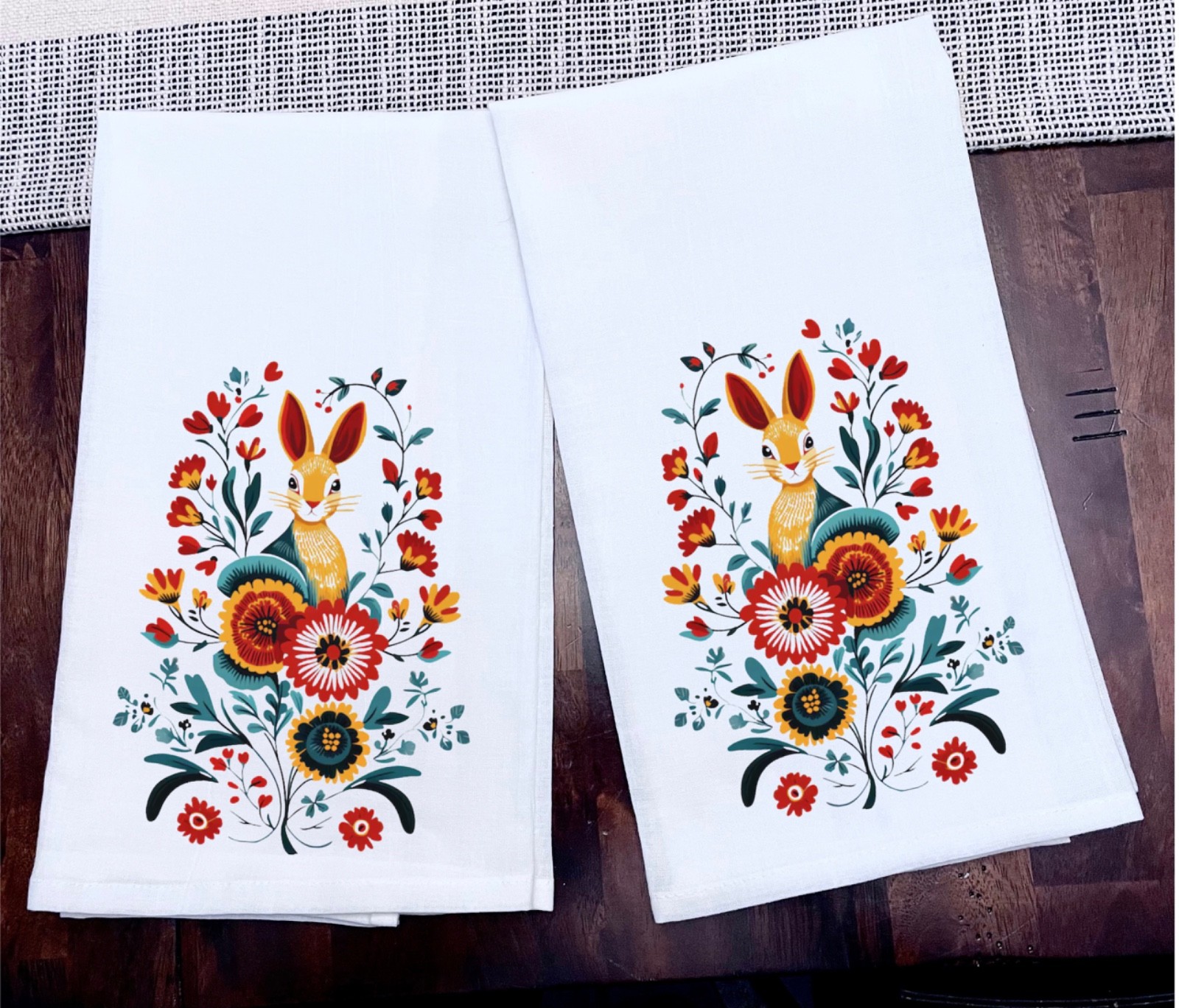 Scandinavian Kitchen Towel Rabbit Flowers Ink on 100% Cotton Size 28x28 New