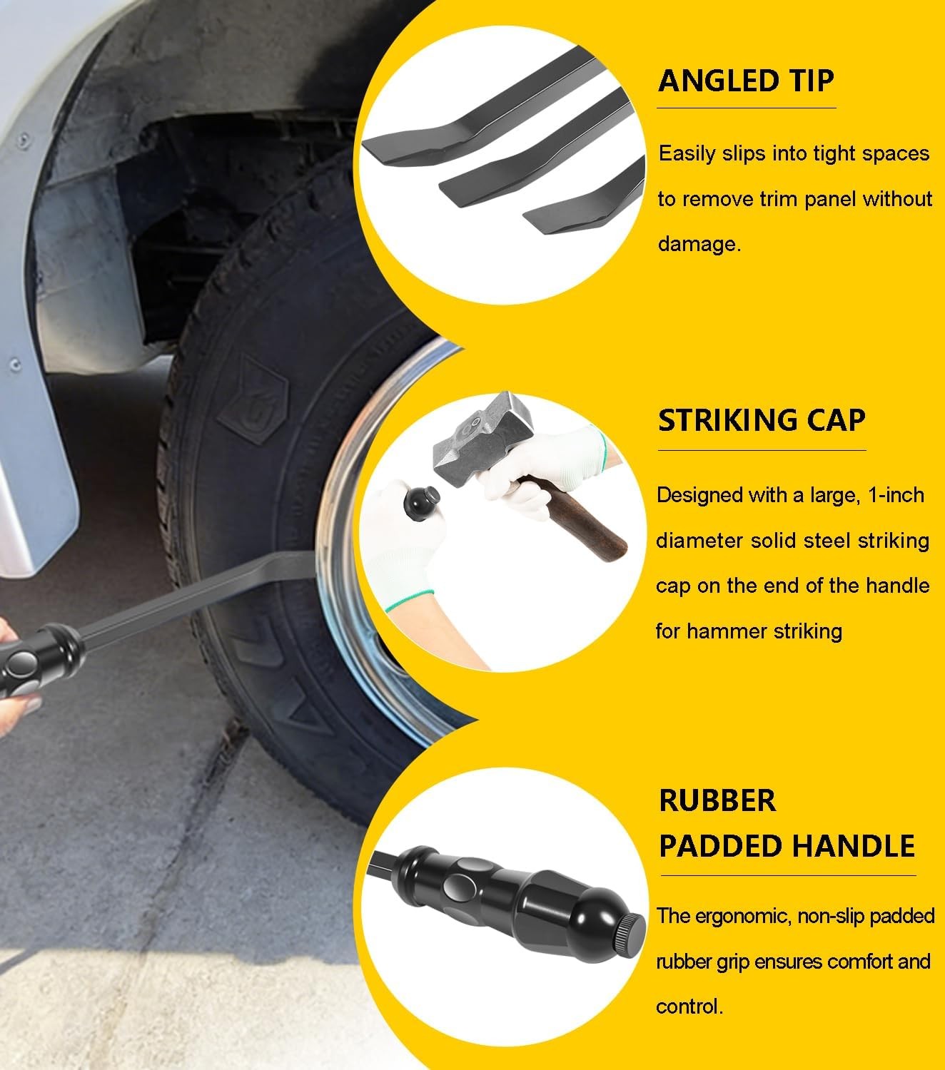 Angled End Handled Pry Bar with Striking Cap Set Steel 12, 17, 25 in. Heavy Duty