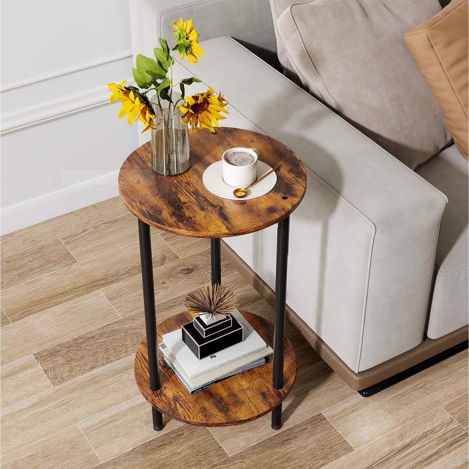 Small Round Side Table Brown Round End Table 2-Tier Modern Bedside Table