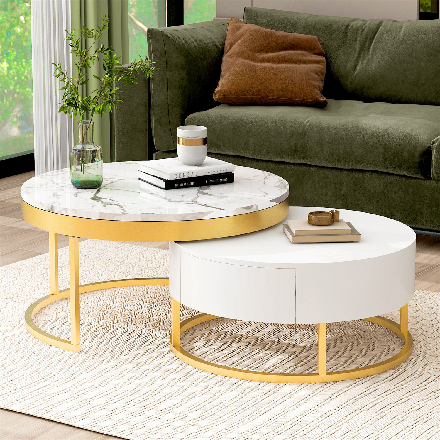 Modern Round Nesting Coffee Table Center Cocktail Table End Table w/ 2 Drawer