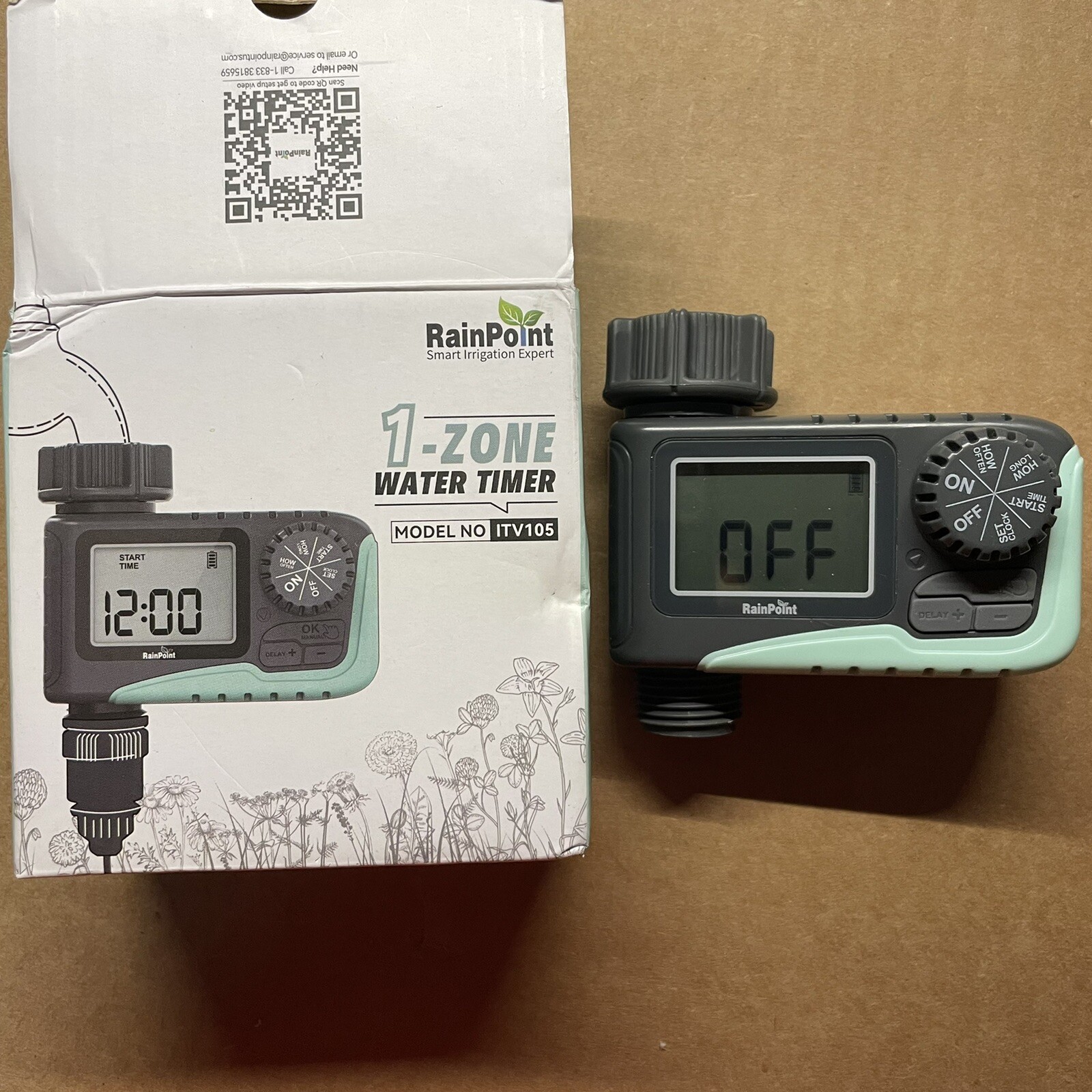 Rainpoint 1-Zone Water Timer ITV105 Water/Rustproof Rain Delay Watering