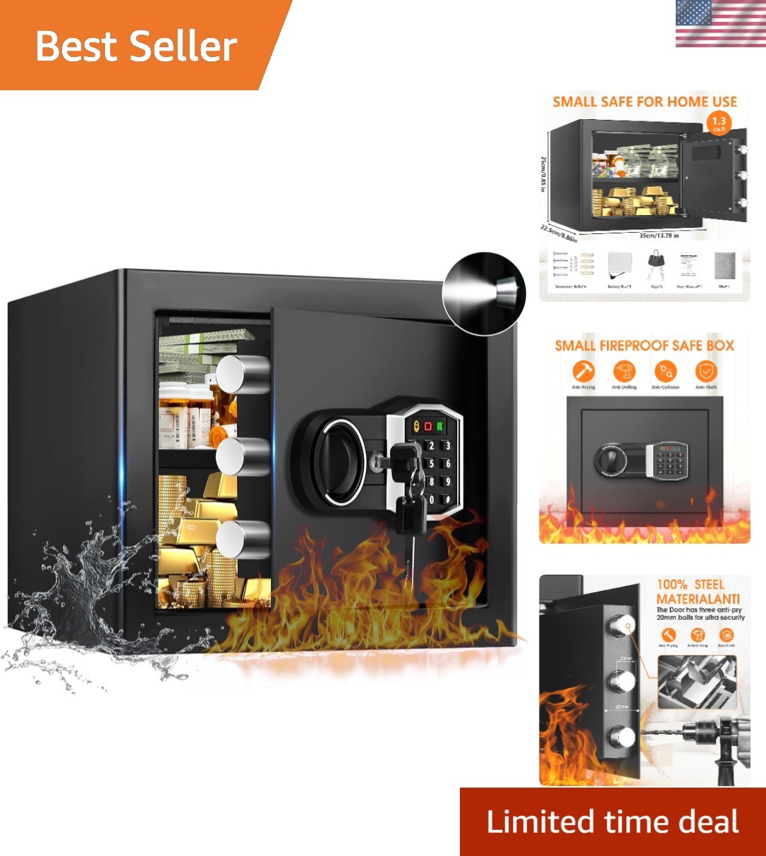 1.3 Cub Small Fireproof Safe for Home, Security Anti-Theft Fire Proof Safe Bo...