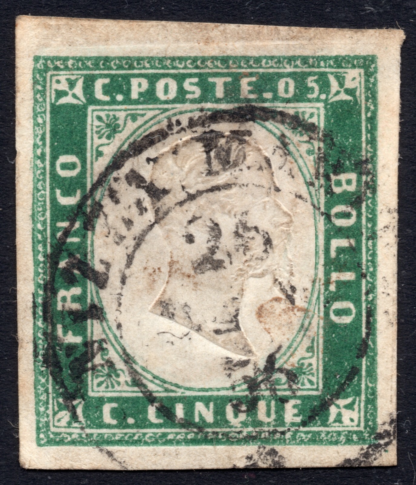 ITALIAN STATES SARDINIA VERDE SMERALDO SCURO AVI  NIZZA M 26 GEN 1856