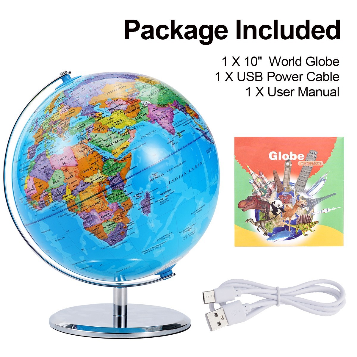 10'' World Map Globe On Metal Base Tabletop Rotating Earth Globe Educational