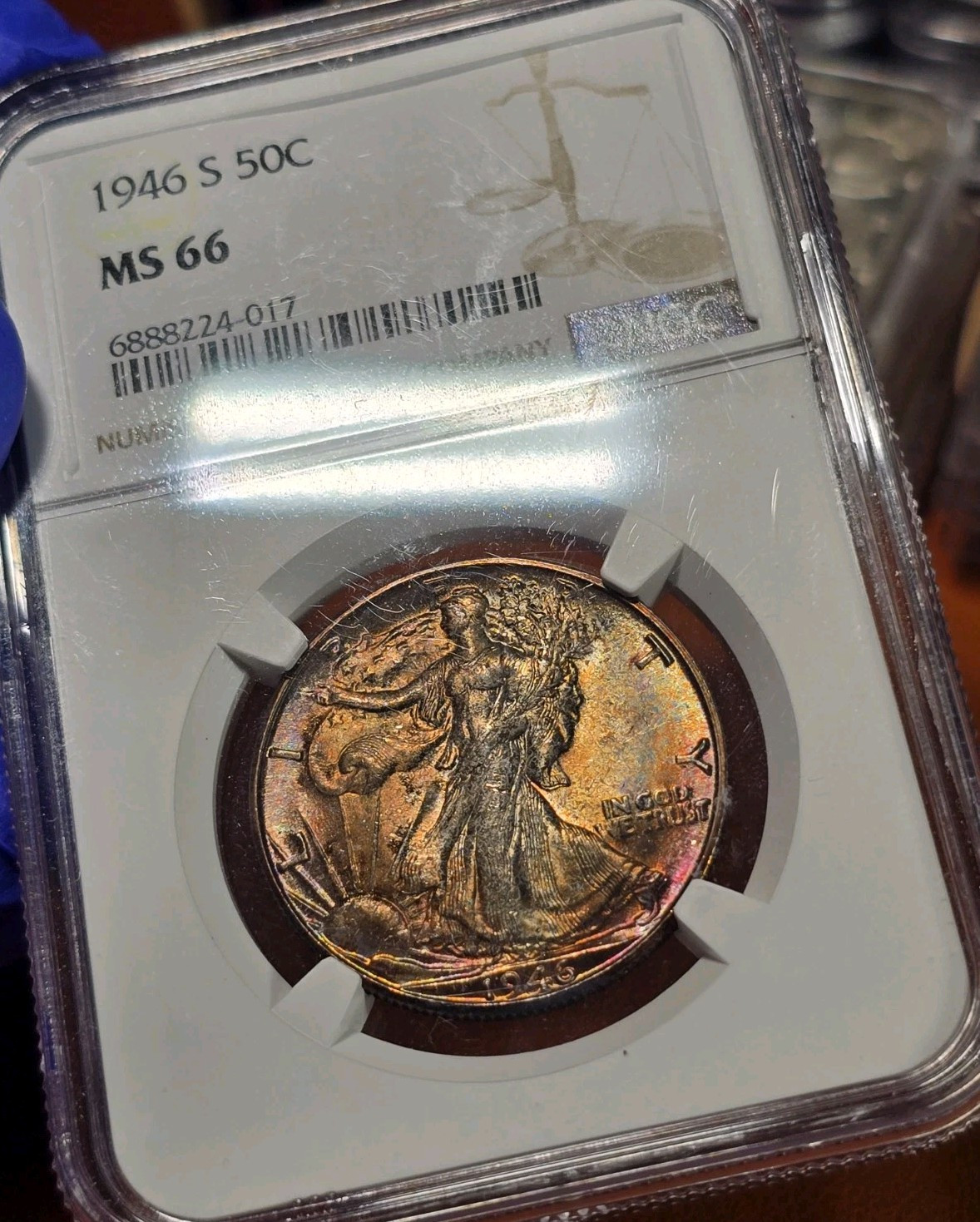 1946 D Walking Liberty Half Dollar NGC MS66 Label ERROR (NOT S) Rainbow Toned