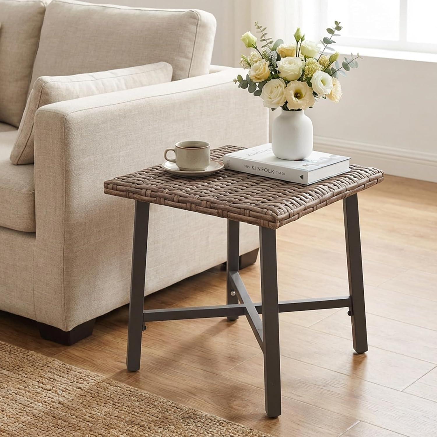 Outdoor Side Tables for Patio, Small Wicker Patio Rattan Side Table, outside End