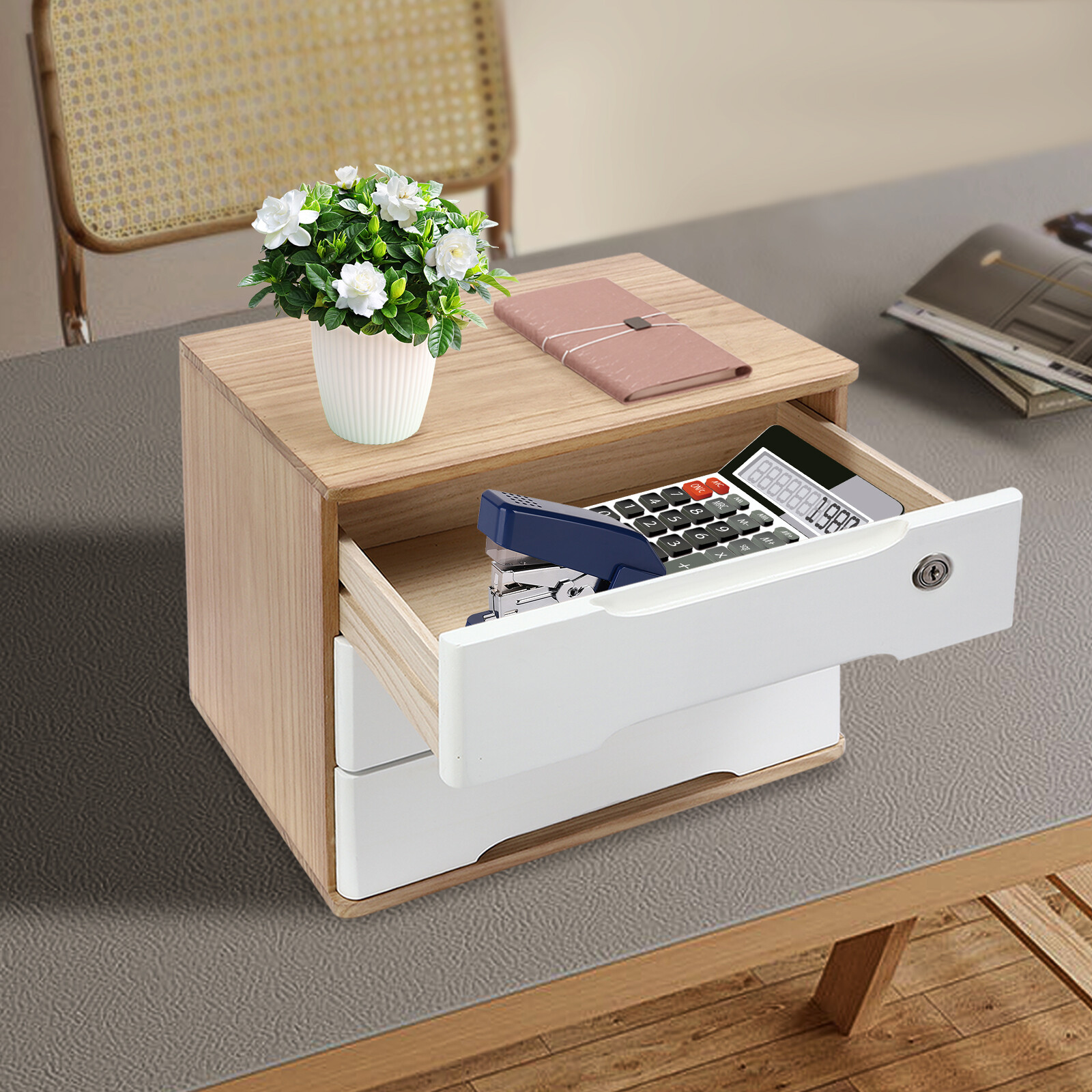 Desk Organizer With 3 Tiers Wooden Desktop Storage Box with Lockable Drawers US