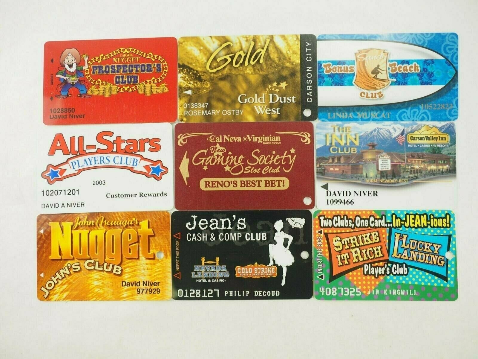 Nevada Casino's Carson City-Jean-Sparks-Reno Players Club Cards 9 types You Pick