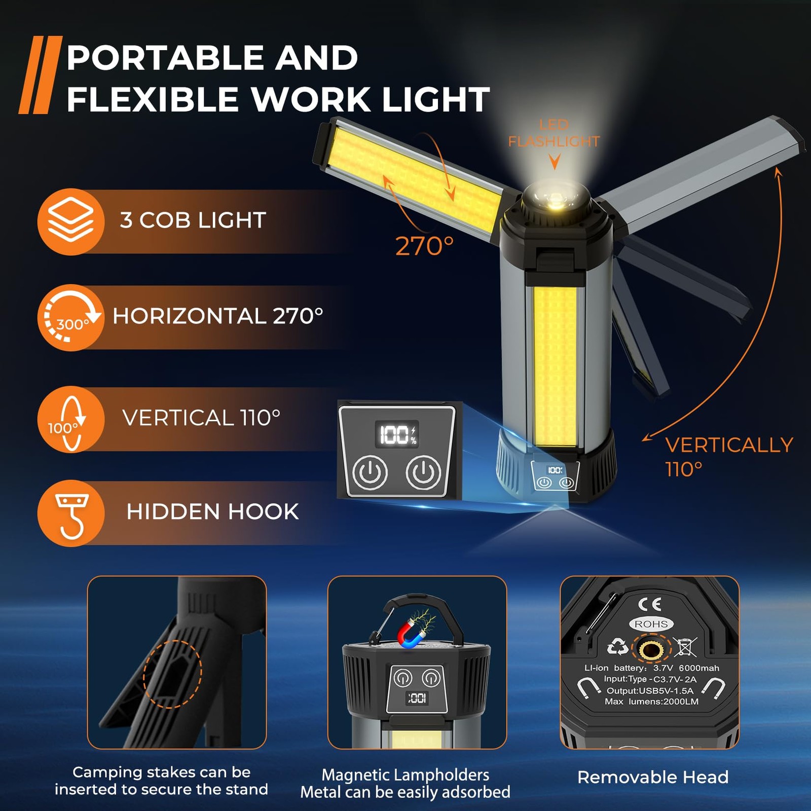 Rechargeable Work Light with Stand, LED Cordless Camping Light