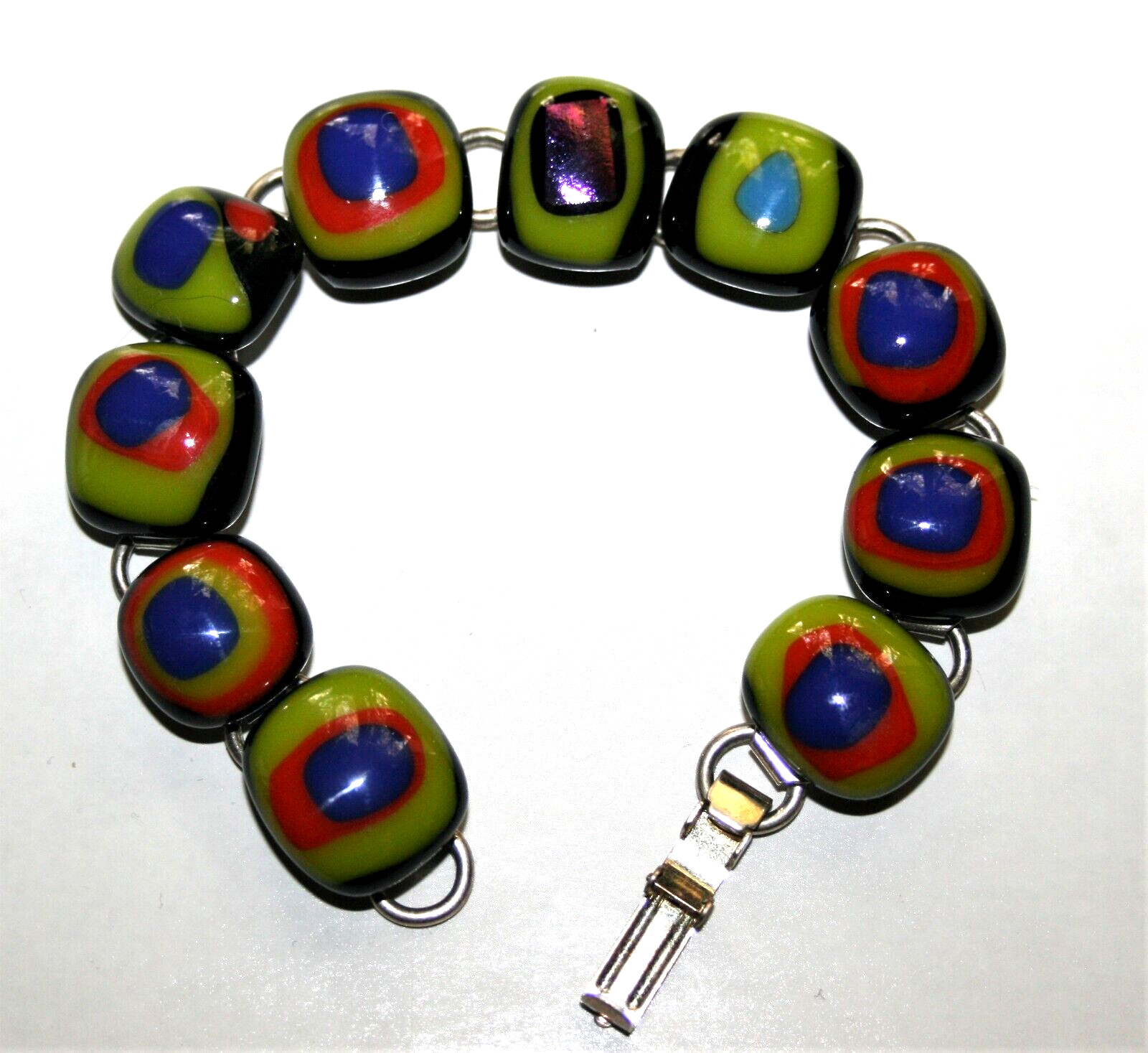 Beautiful Fused Glass Cabochon Link Bracelet Made by Local Studio 7.25"